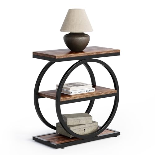LITTLE TREE End Table Set 2, Side Table with 3 Tiers Shelves, Slim Sofa Side Table for Living Room, Tall Bedside Table Nightstand for Bedroom, Rustic Brown and Black - color: Rustic Brown