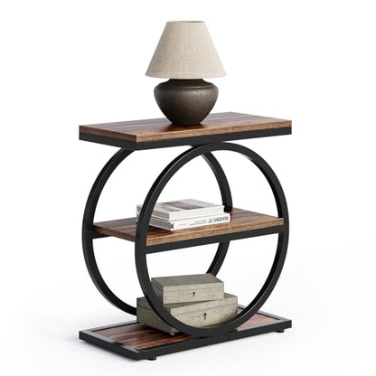LITTLE TREE End Table Set 2, Side Table with 3 Tiers Shelves, Slim Sofa Side Table for Living Room, Tall Bedside Table Nightstand for Bedroom, Rustic Brown and Black - color: Rustic Brown