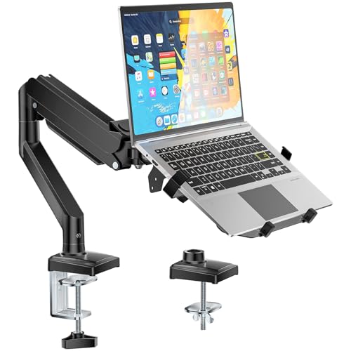 WALI Single Arm Laptop and Monitor Desk Mount for 17" Notebook and Up to 32" Screen, 2-in-1 Adjustable Gas Spring Monitor Arm with Laptop Tray, VESA 75x75 100x100,Holds 22-26.4 lbs, Black (GSMP001NLP) - size: Single, style: Fully Adjustable Desk Mount