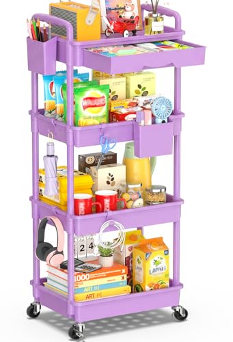 SUNALLY 4 Tier Rolling Cart Organizer with Drawer, Bathroom Storage Carts with Wheels & Plastic Shelf, Mobile Storage Organizers for Kitchen, Office, Laundry Room, Baby, Snack, Craft, Makeup, Purple - color: Purple, size: 4 Tier