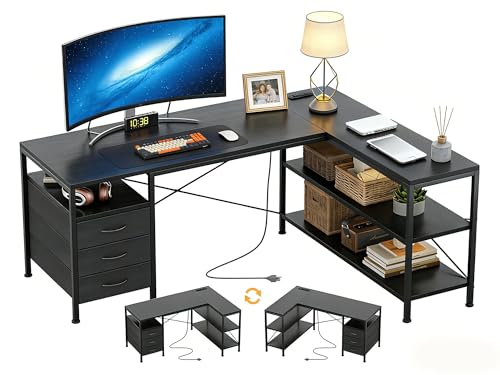 Alpen Computer Desk with Drawers, L Shaped Desk for Bedroom with Power Outlets, Gaming Table with 3 Drawers and Shelves, Corner Desk for Gaming, Study Writing PC Table, 47 Inch, Black - color: Black, size: 47 Inches Without Led Lights