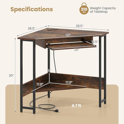 Giantex Small Corner Desk with Charging Station, Triangle Computer Desk with Keyboard Tray & Storage Shelf, Metal Corner Writing Desk for Bedroom, Small Space, Home Office, Black & Rustic Brown