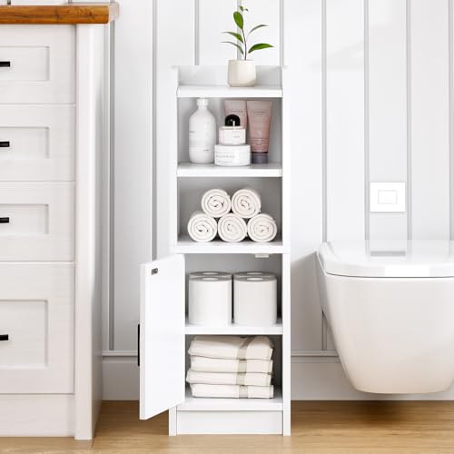 Narrow Bathroom Storage Cabinet with Door & Adjustable Shelf, 9.8" W Slim Storage Cabinet for Small Spaces, Skinny Toilet Paper Cabinet, 9.8" W × 7.9" D × 29.5" H, White - size: 1 Door