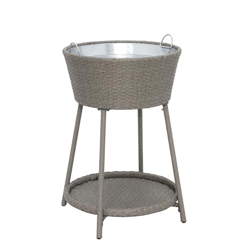 ABBLE Wicker Patio Ice Cooler Table Cool Bar Outdoor Patio Furniture Side Table with Beer and Wine Cooler Grey