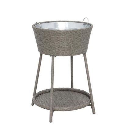 ABBLE Wicker Patio Ice Cooler Table Cool Bar Outdoor Patio Furniture Side Table with Beer and Wine Cooler Grey
