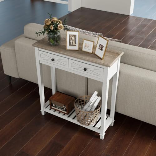Narrow Entryway Table, 2-Tier Wooden Sofa Console Table with 2 Drawers and Storage Shelf, Couch Furniture Behind Sofa Hallway Entryway Living Room, White - color: White