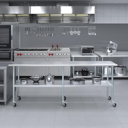 AmGood 96" Long x 24" Deep Stainless Steel Table with Casters - size: 96" Long x 24" Deep
