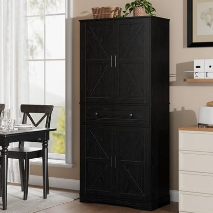 Garvee 71" Kitchen Pantry Cabinet, Barn Door Freestanding Cupboard with Drawer, Sliding Storage Rack, and 6 Hanging Shelves for Kitchen, Dining Room, Living Room Bedroom - color: Black