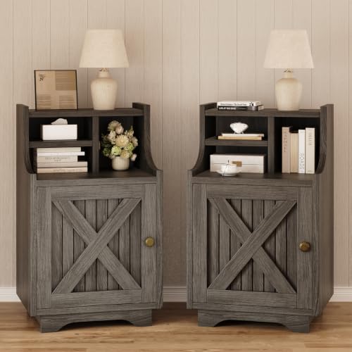 4ever2buy Grey Nightstand Set of 2, 30" Tall Night Stand with Hutch | Farmhouse Tall Bedside Table End Table for Bedroom Living Room Sofa Office, Storage Cabinet, Wash Grey - color: Wash Grey