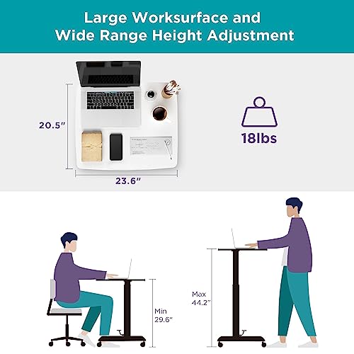 Kantek Mobile Sit Stand Laptop Cart, Adjustable Height (29"-49"), Rolling Laptop Computer Workstation 23.6" x 20.5", Foot Pedal Control, Steel Frame, White - color: White, style: Compact