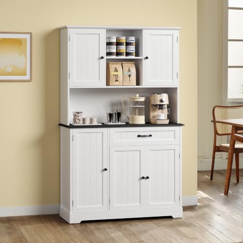 Gizoon Kitchen Pantry Cabinet with Microwave Shelf Tall Coffee Bar Cabinet with Doors and Shelves Farmhouse Kitchen Hutch with Storage for Dining Room and Craft Room, Painted White and Black - color: White and Black
