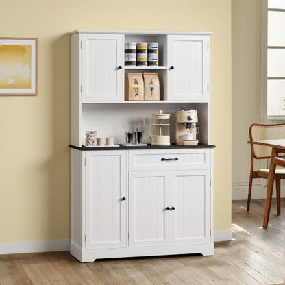 Gizoon Kitchen Pantry Cabinet with Microwave Shelf Tall Coffee Bar Cabinet with Doors and Shelves Farmhouse Kitchen Hutch with Storage for Dining Room and Craft Room, Painted White and Black - color: White and Black