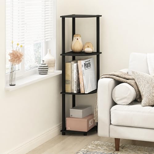 Furinno Turn-N-Tube Toolless Assembly 4-Tier Corner Shelf, Black Corner Book Shelf, Open Shelves Bookshelf, for Organization and Storage, Living Room, Home Office, Bedroom, Black Espresso - color: Black Espresso/Black, size: 4-Tier Corner
