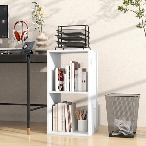 2 Cube Storage Organizer, 2 Tier Floor Standing Bookcase, Small Bookshelf for Small Spaces, Wooden Open Display Shelf for Living Room, Bedroom, Study, White Bookshelf with Open Back - size: 2 Cubes