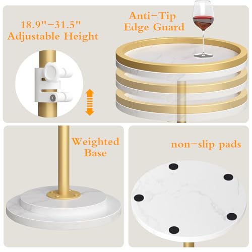 Small Side Table, Drink Table, Height Adjustable Round End Table, Pedestal Side Table for Small Spaces in Living Room, Bedroom, Gold - color: Gold