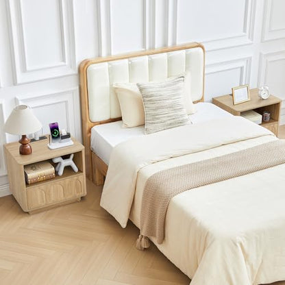 Small Nightstand Set of 2 with Charging Station, Accent Bedside Nightstand with Drawer, Mid Century Modern Bedroom Side Bed Table with Storage for Dorm, Living Room, Couch, Office - Natural - color: Natural