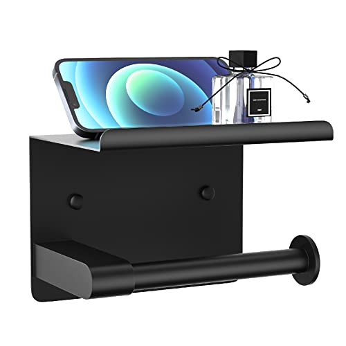 GLNLQ Matte Black Toilet Paper Holder with Shelf, Fits Mega Rolls Size | Adhesive or Screw-in, Waterproof and Rustproof Stainless Steel, Wall Mount Design, Modern Stylish Design, for Bathroom, RV - color: A-black