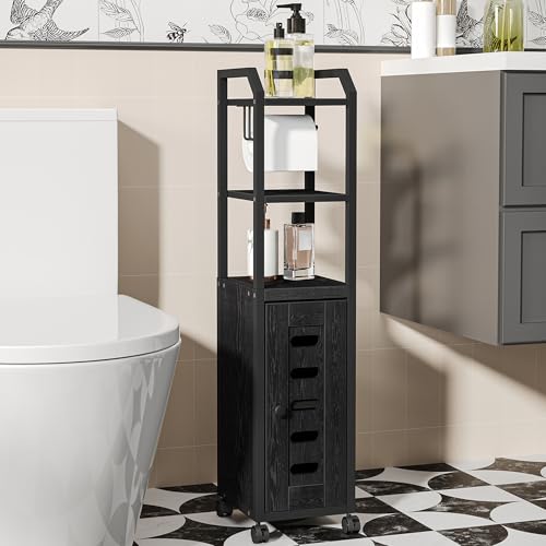 Hzuaneri Bathroom Storage Cabinet, Toilet Paper Storage Cabinet | Small Toilet Paper Holder with 4 Wheels, Bathroom Organizer with Adjustable Shelf, for Small Spaces, Black BC04604X - color: Black