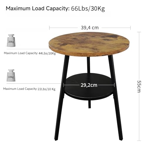 Small Round Side Table, End Tables Living Room, Rustic Brown | 2-Tier Side Table with Storage Shelf for Small Spaces, Bedside Accent Table for Living Room, Bedroom, Metal Frame & Wood Top - color: Rustic Brown
