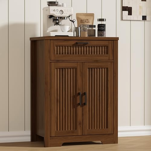 Buffet Cabinet with Storage Drawer, Farmhouse Coffee Bar Table with Storage Drawer and Adjustable Shelf, Small Fluted Sideboard Cabinet for Kitchen, Dining Room, Living Room, Entryway, Modern Walnut - color: Walnut, size: 1 Drawers + 2 Doors