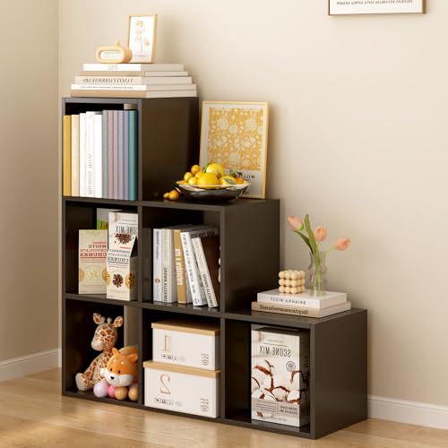 Ladder Cube Storage Bookcase, 6-Cube Corner Shelf, Black | Wooden L-Shaped, Reversible 3-Tier Organizer, Fits 11×11" Bins, For Home & Office - color: Black, size: 6-Cube