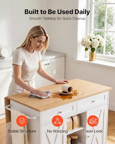 VEVOR Kitchen Island Cart with Storage, 45.67 in Wide Mobile Rolling Storage Island on Swivel Wheels, with 2 Drawers, Storage Cabinet, Drop Leaf, Towel Rack, Table for Home Dining Room, White - size: 45.67"W (dropleaf)