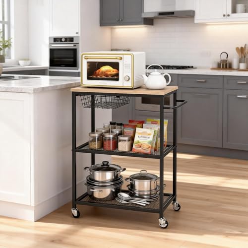Rolling Kitchen Microwave Cart, 3 Tier Microwave Table Stand with Storage, Kitchen Utility Cart on Lockable Wheels, Small Coffee Cart Shelf Rack Organizer for Kitchen Island Coffee Bar Office Black