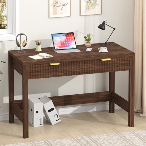 YOMILUVE Fluted Computer Desk with 2 Drawers, 39 Inch Small Computer Desk with Storage, Compact Writing Study Desk for Small Spaces, Walnut - color: Walnut