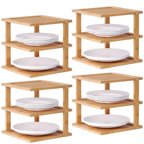 4 Pack Bamboo Corner Shelf,3 Tier Kitchen Cabinet Organizer for Plates and Dishes,Pantry Storage and Spice Rack（Natural） - color: Natural, size: 4 PC