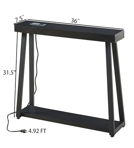 Narrow Small Entryway Table with Charging Station, 36 Inch Thin High Tall Console Sofa Table with Power Outlet and USB&C Port for Entry Hallway, Living Room, Foyer, Thick Metal Frame, Black