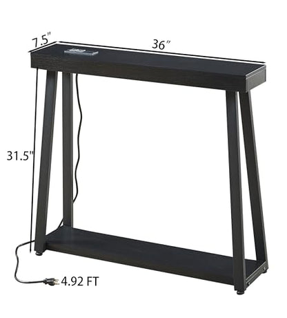 Narrow Small Entryway Table with Charging Station, 36 Inch Thin High Tall Console Sofa Table with Power Outlet and USB&C Port for Entry Hallway, Living Room, Foyer, Thick Metal Frame, Black