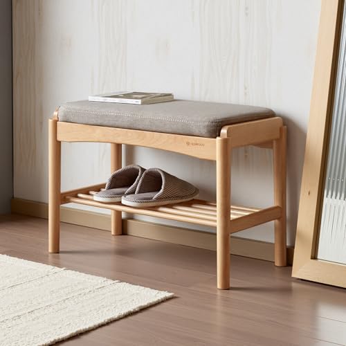 Oak Wood Shoe Bench, 24 Inch Entryway Bench with Gray Cushion | Natural oak finish with soft gray cushion creates a versatile seating solution for entryways and small spaces. - color: Natural + Gray Cushion, size: 23.62"