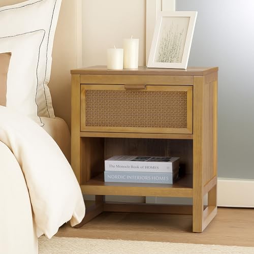 Teamson Home Hatteras 20" W Nightstand with 1 Deep Drawer and Open Shelf Storage in Coastal Modern Style, Ball Bearing Glides, Pine Wood Frames and MDF with Rattan, Natural Finish | 1 Deep Drawer, Open Shelf Storage, Coastal Modern Style, Pine Wood & MDF