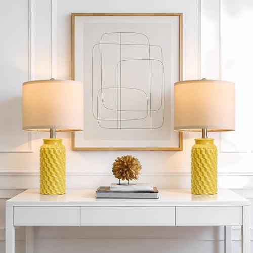 USumkky 20.5" Ceramic Table Lamps Set of 2 - Modern Farmhouse & Boho Style, Bedside Nightstand Lamps for Bedroom, Living Room End Table Lamps, Small Desk Lamp(Yellow) - color: 20.5" Yellow-2 Pack