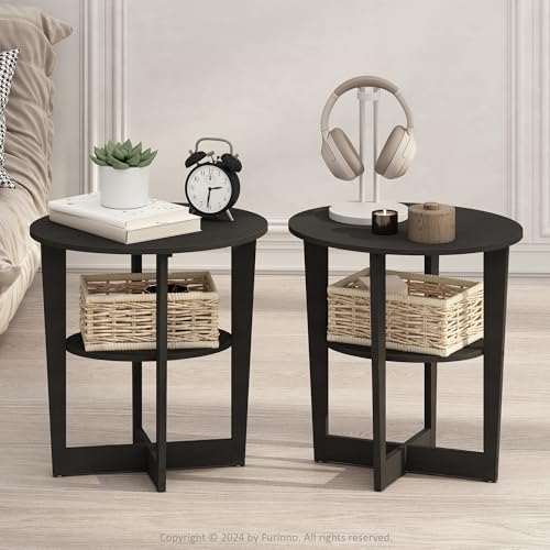 Furinno TIDUR Night Stand Set of 2, 2-Tier Oval Nightstand with Round Edge Tabletop, Open Shelf Bedside Table, End Table, Side Table, for Bedroom, Closet, Dorm, Walnut - color: Walnut, size: Set of 2, Oval Open Shelf