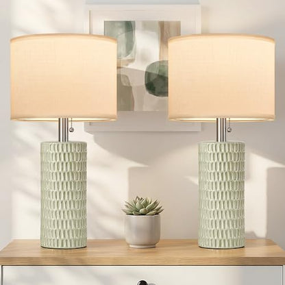 Reaketon Table Lamps for Living Room Set of 2, Ceramic Table Lamps for Bedroom, 20" Modern Lamps for Night Stands, Light Green - color: Light Green