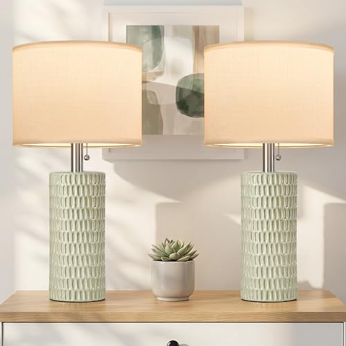 Reaketon Table Lamps for Living Room Set of 2, Ceramic Table Lamps for Bedroom, 20" Modern Lamps for Night Stands, Light Green - color: Light Green