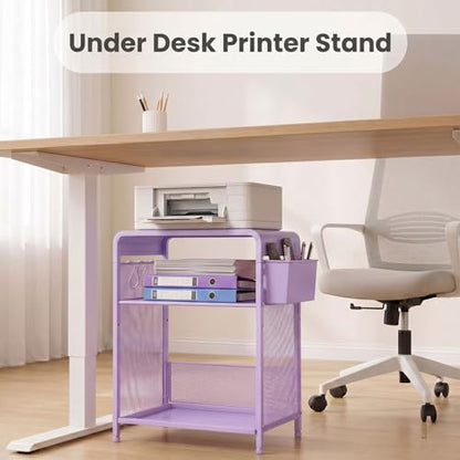 ECOLOVI 3 Tier Printer Stand for Under Desk, Height Adjustable Shelf Small Printer Table with 3 S-Hooks & Basket, Heavy Duty Industrial Storage Shelf for Home Office (Purple Metal) - color: Purple