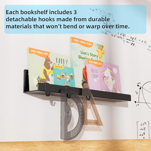 17 Inch Black Metal Magnetic Floating Shelves, Book Shelf 2-Pack | Strong magnetic shelf holds 14.33 lbs. Fits whiteboards, fridges, steel. Reusable, no drill. Great for classrooms.
