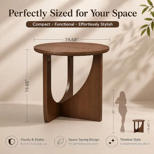100% Solid Wood Round Side Table, 19.7'' Walnut Brown Small End Table, Sofa Side Table with Sculptural Curved Base, Minimalist Accent Table for Living Room, Bedroom, Reading Nook