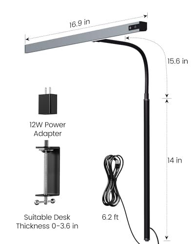 SUPERDANNY LED Desk Lamp for Office Home, Eye-Caring Desk Light with Adjustable Gooseneck, 12W Touch Control Dimmable Brightness, Architect Clamp Lamp with USB Adapter, Grey - color: Gray, size: Desk Clamp