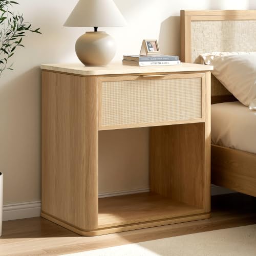 Night Stand, 23.11" W Rattan Nightstand with 1 Drawer and Open Shelf, Faux Marble Top Bedside Table, Boho Mid Century End Table for Bedroom Living Room Sofa Office, Natural Oak [FSC Certified] - color: Natural Oak, size: 15.63"D x 23.11"W x 23.94"H（1 Draw