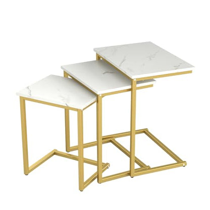 Tangkula Nesting Table Set of 3, Rectangle Stacking Side End Table with Wood Top & Metal Legs, Adjustable Foot Pads, C-shaped Accent Coffee Tables for Small Spaces, Living Room (C-shaped, White, 3-pc) - color: White