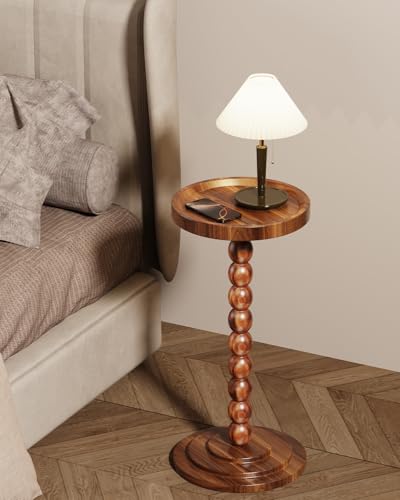 Round Wooden Side Table & Drink Table | Sturdy & Functional Mid-Century Modern Design with Solid Wood Columns for Living Room, Bedroom, Office & More - color: Brown