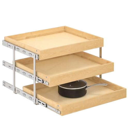 WelFurGeer 3-Tier Pull Out Cabinet Organizer with Soft Close, Heavy-Duty Pull Out Drawers for Cabinets, Slide Out Shelf for Kitchen, Pantry, Bathroom & Under Sink, Solid Birch Wood - color: 3 Tiers, size: 26''W x22''D