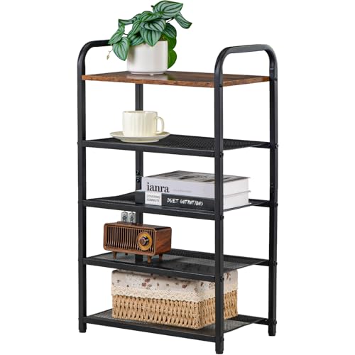 Narrow Vertical Shoe Rack for Entryway, 17.32" X 10.24" X 29.13" | 5-Tier Tall Shoe Storage Organizer Metal Wood, Mesh Shelves, Wooden Top, Small Space Shoe Shelf for Front Door, Closet,Garage - size: 17.32" X 10.24" X 29.13"