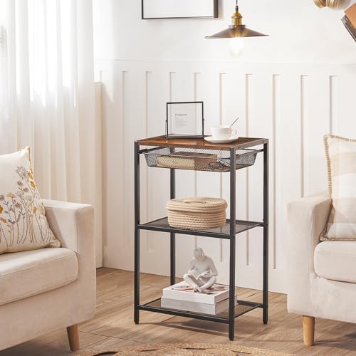 HOOBRO 28.7 Inch Tall Side Table, 3-Tier Industrial Telephone End Table with Adjustable Metal Mesh Basket, Desk Side Table with Storage Shelves, for Living Room, Bedroom, Rustic Brown BF06DH01 - color: Rustic Brown + Black