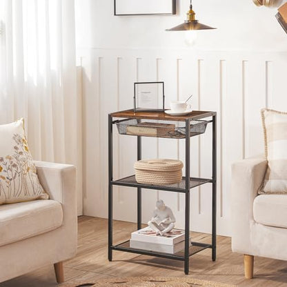 HOOBRO 28.7 Inch Tall Side Table, 3-Tier Industrial Telephone End Table with Adjustable Metal Mesh Basket, Desk Side Table with Storage Shelves, for Living Room, Bedroom, Rustic Brown BF06DH01 - color: Rustic Brown + Black