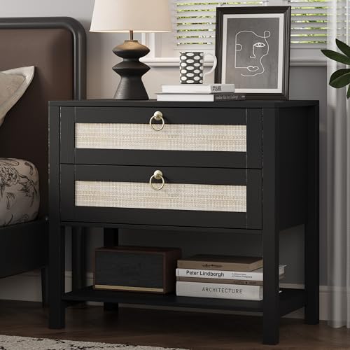 Xixini Rattan Nightstand with 2 Drawers and Open Shelf, 27" Wide Boho Bedside Table with Brass Knobs, Mid-Century Modern Wooden End Table for Bedroom, Black - color: Black