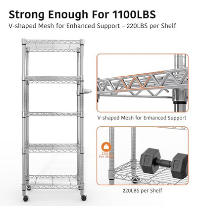Garvee 5-Tier Storage Shelves Heavy Duty Metal Wire Rack Shelving, 1100 LBS Capacity Rolling Storage Rack with Wheels, for Living Room Pantry Kitchen Bedroom Organization - size: 61"H x 23.6"W x 11.8"D